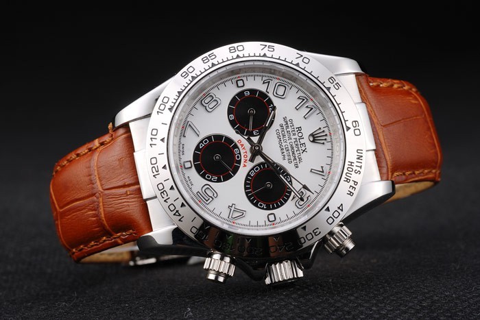Acier inoxydable Rolex Daytona Case cadran blanc bracelet en cuir brun-4