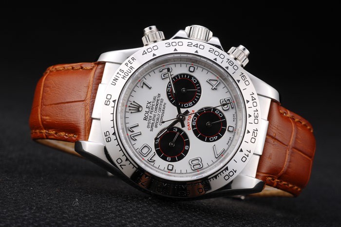 Acier inoxydable Rolex Daytona Case cadran blanc bracelet en cuir brun-5