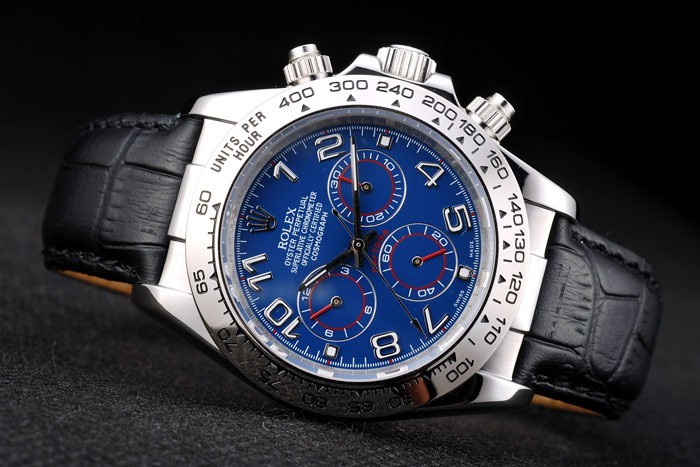 Acier inoxydable Rolex Daytona Case cadran bleu bracelet en cuir noir-5