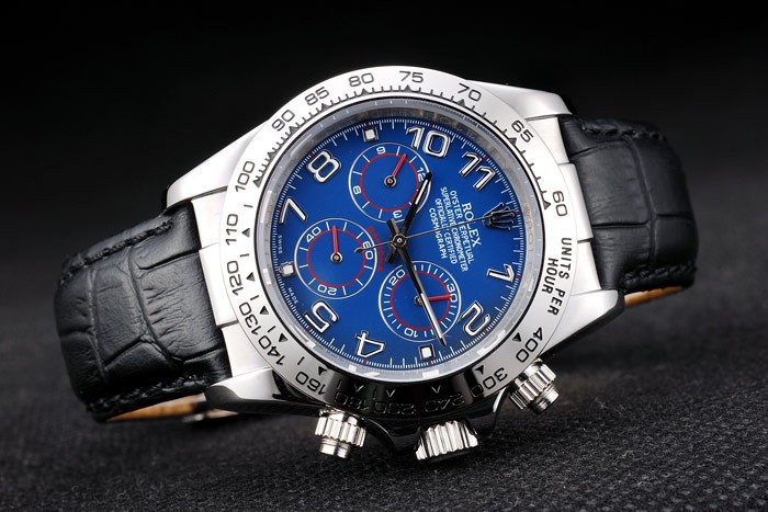 Acier inoxydable Rolex Daytona Case cadran bleu bracelet en cuir noir-6