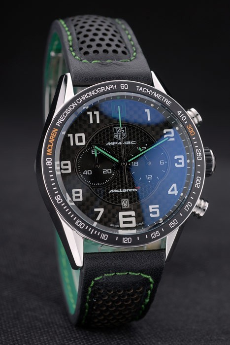 Tag Heuer Carrera McLaren en céramique noire Lunette noire en cuir perforé Strap 7921-3