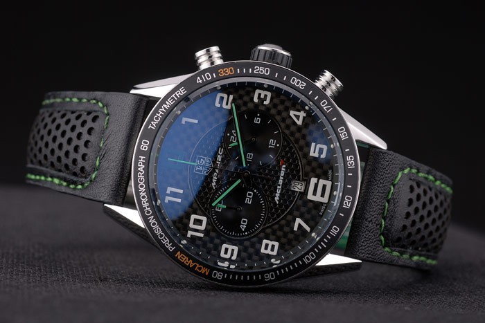 Tag Heuer Carrera McLaren en céramique noire Lunette noire en cuir perforé Strap 7921-5