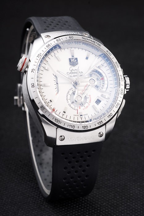 Tag Swiss Heuer Carrera Tachymètre Bezel perforé noir bracelet en caoutchouc blanc Cadran-1