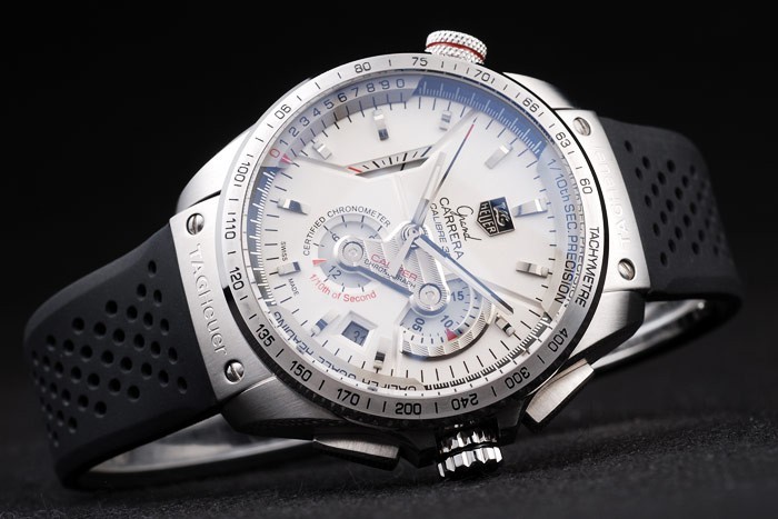 Tag Swiss Heuer Carrera Tachymètre Bezel perforé noir bracelet en caoutchouc blanc Cadran-2
