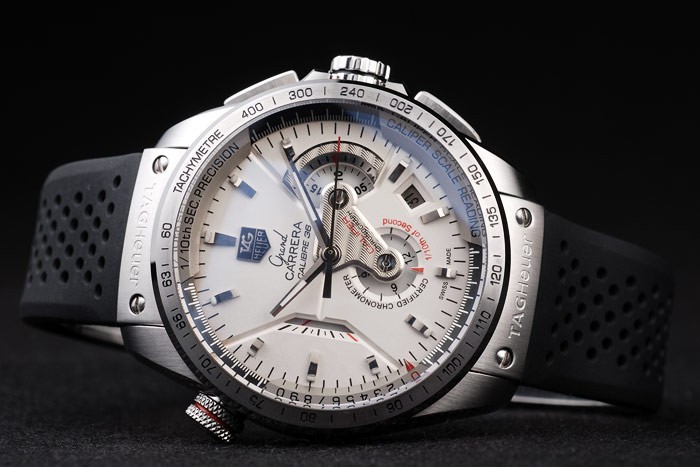 Tag Swiss Heuer Carrera Tachymètre Bezel perforé noir bracelet en caoutchouc blanc Cadran-3