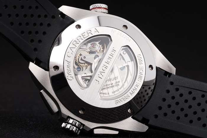 Tag Swiss Heuer Carrera Tachymètre Bezel perforé noir bracelet en caoutchouc blanc Cadran-6