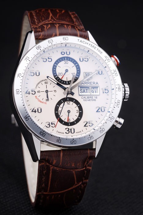 Tag Swiss Heuer Carrera Tachymètre Bezel Dark Brown Leather Strap Cadran Blanc-2