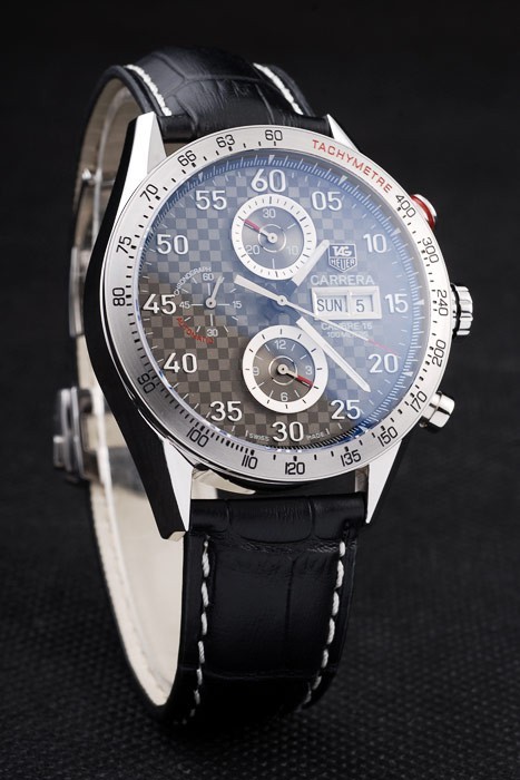 Tag Swiss Heuer Carrera Tachymètre Bezel bracelet en cuir noir Brown Checkered Dial-2