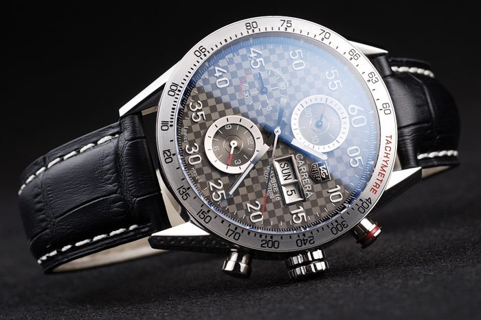 Tag Swiss Heuer Carrera Tachymètre Bezel bracelet en cuir noir Brown Checkered Dial-3