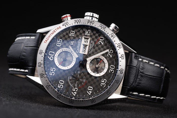Tag Swiss Heuer Carrera Tachymètre Bezel bracelet en cuir noir Brown Checkered Dial-4