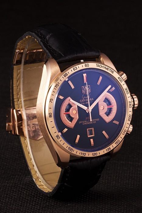 Tag Heuer Carrera Or Rose Cadran Noir Bracelet Cuir Noir-1