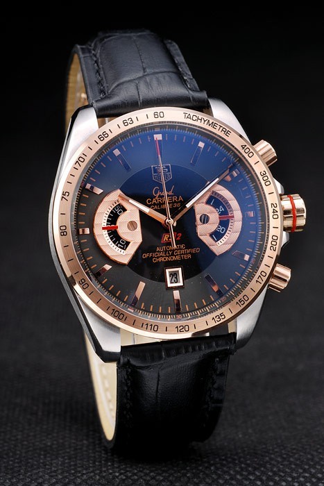 Tag Heuer Carrera Boîtier en acier inoxydable cadran noir bracelet en cuir noir-2