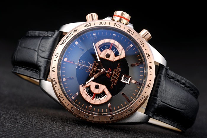 Tag Heuer Carrera Boîtier en acier inoxydable cadran noir bracelet en cuir noir-4