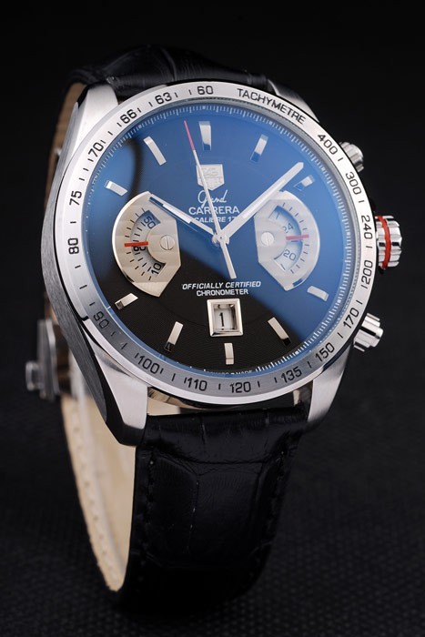 Tag Heuer Carrera Tachymètre Bezel cadran noir bracelet en cuir noir-2