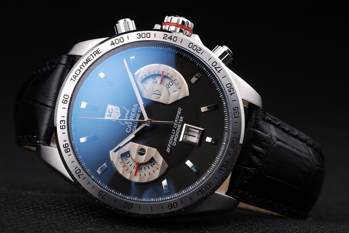 Tag Heuer Carrera Tachymètre Bezel cadran noir bracelet en cuir noir-4
