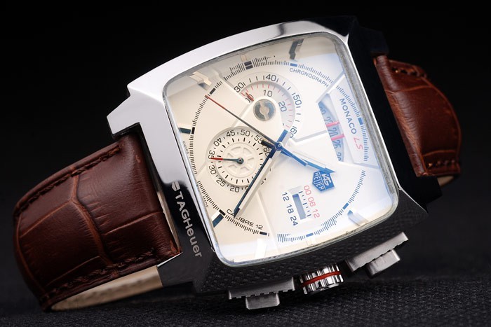 Tag Heuer Monaco en acier inoxydable brossé cas cadran blanc bracelet en cuir brun-1
