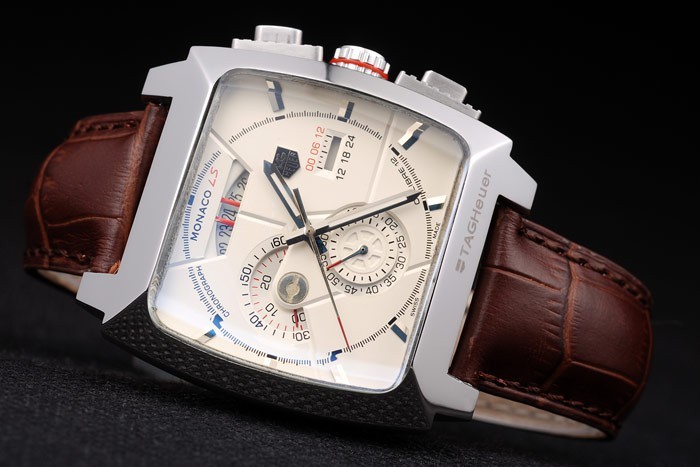 Tag Heuer Monaco en acier inoxydable brossé cas cadran blanc bracelet en cuir brun-2