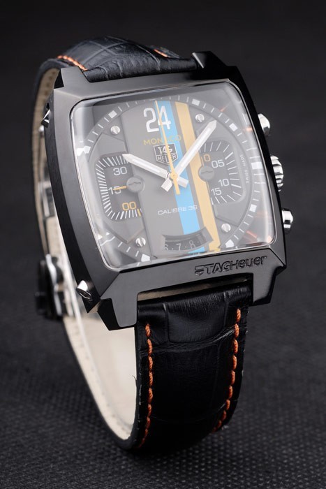 Tag Heuer Monaco Swiss bracelet en cuir noir bleu-jaune rayé cadran noir-2
