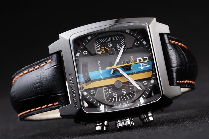 Tag Heuer Monaco Swiss bracelet en cuir noir bleu-jaune rayé cadran noir-3