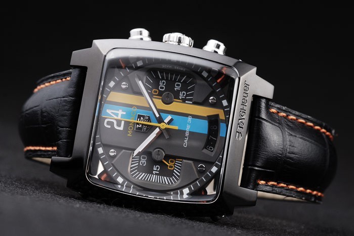 Tag Heuer Monaco Swiss bracelet en cuir noir bleu-jaune rayé cadran noir-4