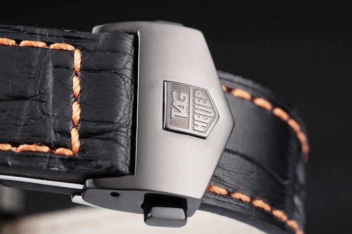 Tag Heuer Monaco Swiss bracelet en cuir noir bleu-jaune rayé cadran noir-5