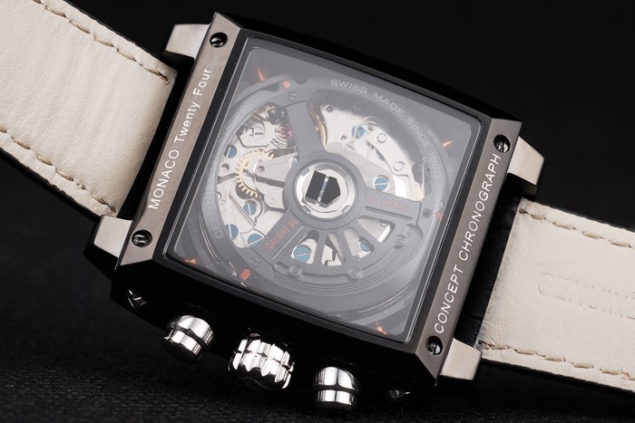 Tag Heuer Monaco Swiss bracelet en cuir noir bleu-jaune rayé cadran noir-8